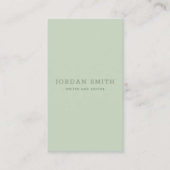 Light sage green modern vertical professional business card (Front)