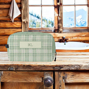 Light sage green plaid monogram dopp kit