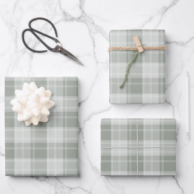 Light Sage Green Plaid Pattern Wrapping Paper Sheet (Front)