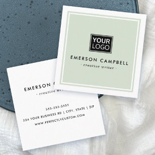 Light sage green white border custom logo minimal square business card