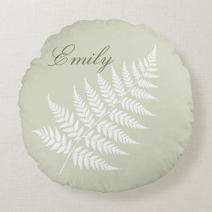 Light Sage Green White Fern Flowing Script Name Round Pillow