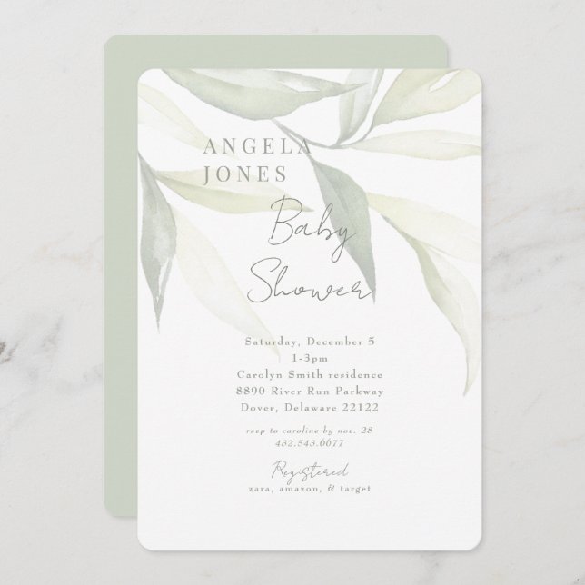 Light Sage Modern Botanical Modern Baby Shower Invitation (Front/Back)
