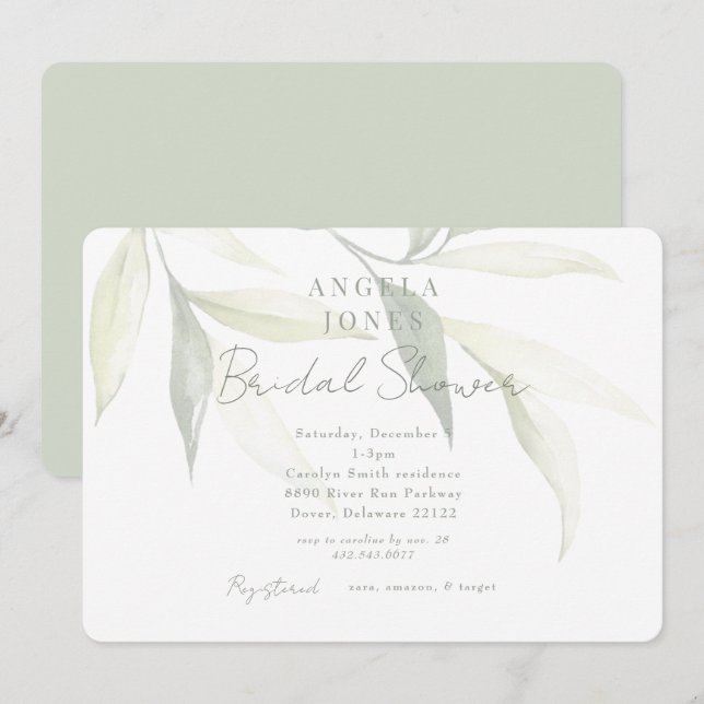 Light Sage Modern Botanical Modern Bridal Shower Invitation (Front/Back)