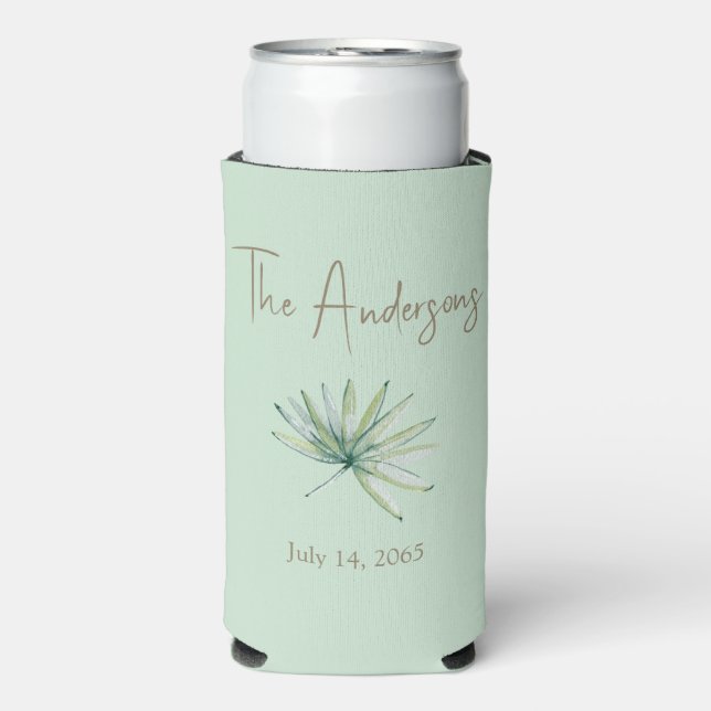 Light Sage Personalized Tropical Wedding Favour Seltzer Can Cooler (Seltzer Front)