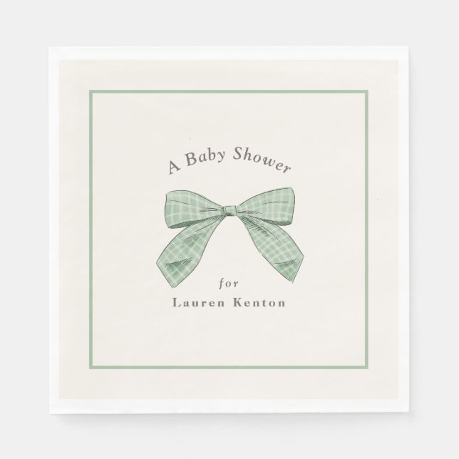 Light Sage Plaid Bow Elegant Boy Baby Shower Napkin (Front)