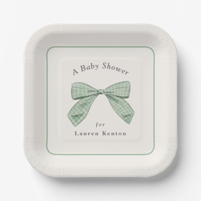 Light Sage Plaid Bow Elegant Boy Baby Shower Paper Plate (Front)