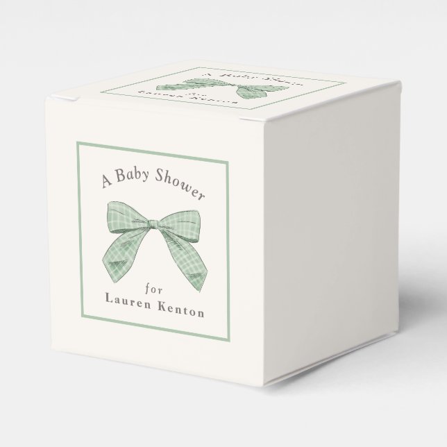 Light Sage Plaid Bow Elegant Neutral Baby Shower Favor Box (Front Side)