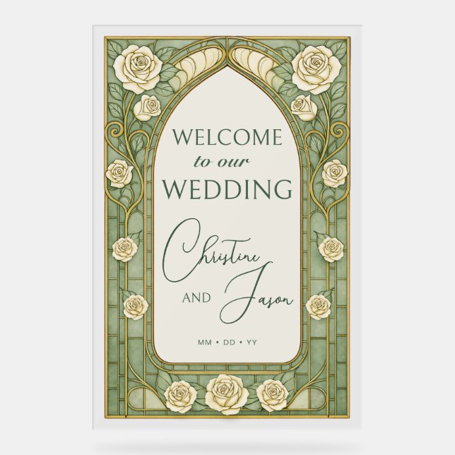 Light Sage Stained Glass Floral Wedding Welcome  (Recto)