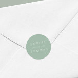 Light Sage Wedding Classic Round Sticker<br><div class="desc">This wedding sticker features the names of the wedding couple in white against a light sage colour background. Check out other matching wedding items https://www.zazzle.com/collections/peach_layered_geometric_light_sage_wedding-119919264900833968?rf=238364477188679314&tc=rc . Personalize it by replacing the placeholder text. For more options such as to change the font, it's size and spacing between letters click the "Customize"...</div>