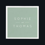 Light Sage Wedding Napkin<br><div class="desc">This wedding napkin features the names of the wedding couple in white against a light sage colour background. Check out other matching wedding items https://www.zazzle.com/collections/peach_layered_geometric_light_sage_wedding-119919264900833968?rf=238364477188679314&tc=rc . Personalize it by replacing the placeholder text. For more options such as to change the font, it's size and spacing between letters click the "Customize"...</div>
