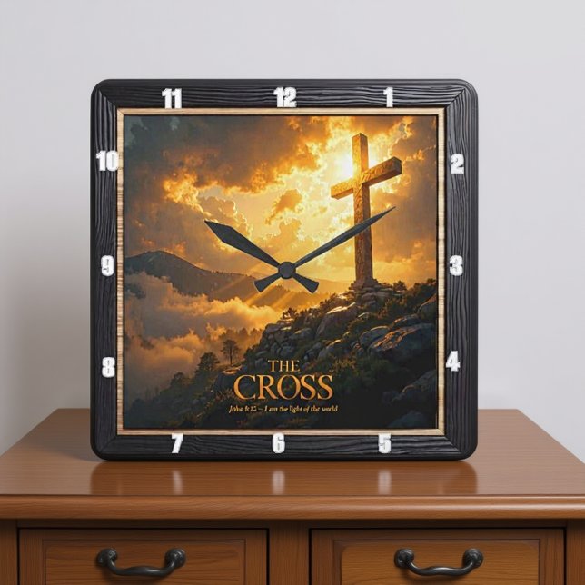 Light Salvation Cross Mountain Stone World John 8 Square Wall Clock (Creator Uploaded)