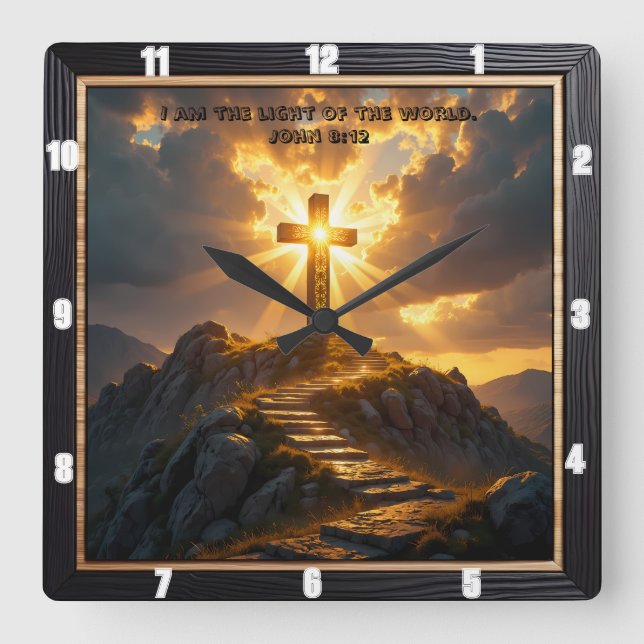 Light Salvation Cross Stairway Mountain John 8:12 Square Wall Clock (Front)