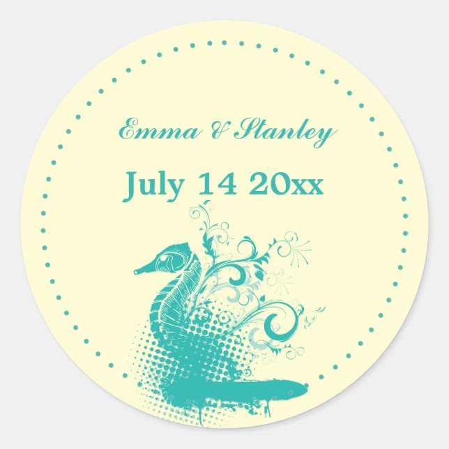 Light sea green seahorse wedding Save the Date Classic Round Sticker (Front)