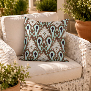 Light Seafoam Green Dark Brown Ikat Tribal Pattern Outdoor Pillow