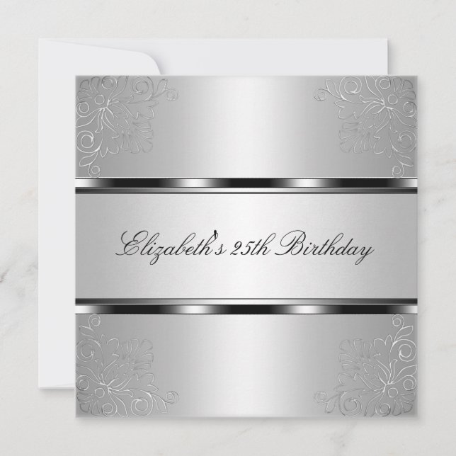 Light Silver Floral 25th Birthday Party Event Invitation (Front)