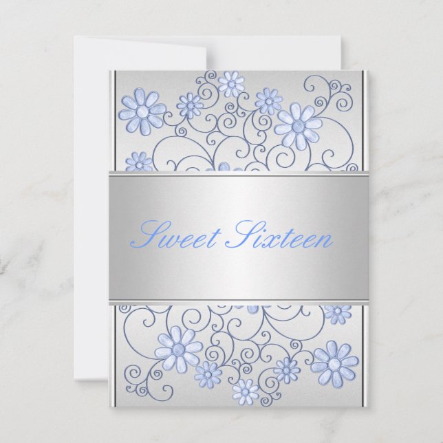 Light Silver Metal Pale Blue Flowers 16th Birthday Invitation (Front)