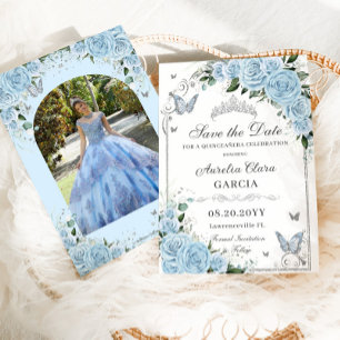 Light Sky Blue Floral Sweet 16 Quinceañera Photo Save The Date