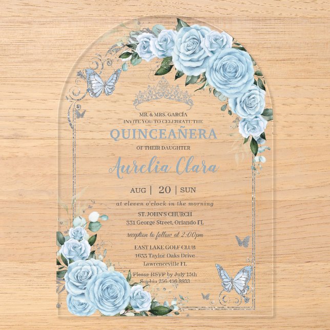 Light Sky Blue Rose Floral Quinceañera Sweet 16 15 Acrylic Invitations (Front)