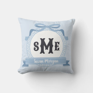 Light Slate Blue Reverse Greek Key Bow Monogram Throw Pillow