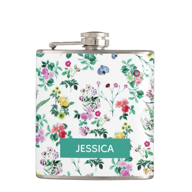 Light Spring Floral Pattern Personalised Hip Flask (Front)