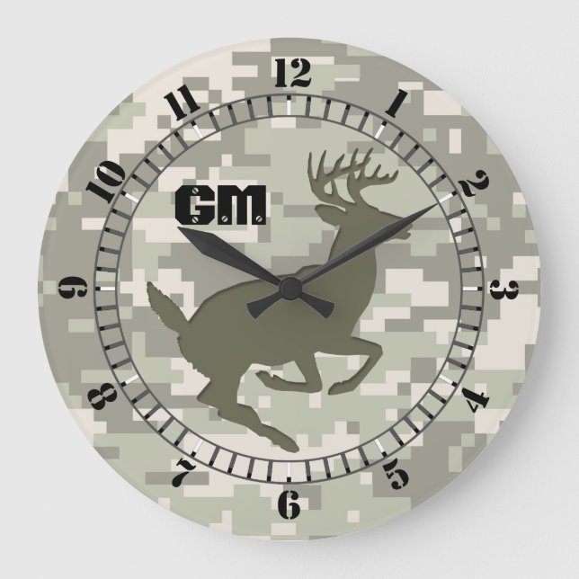 Light Storm Digital Camouflage Deer Camo Monogram Large Clock (Front)