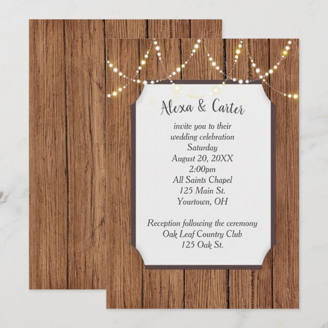 Light String On Wood Wedding Invite (Front/Back)