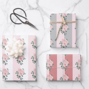 Light Striped and Watercolor Roses Wrapping Paper Sheet