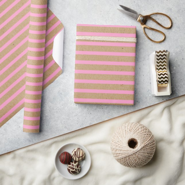 Light Summer Pink Lines On Faux Rustic Brown Kraft Wrapping Paper (Crafts)