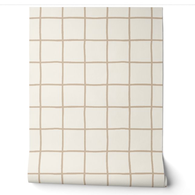 Light Tan Beige Grid Chequered Scandi Minimalist Wallpaper (Unrolling)