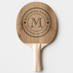 Light Teak Wood Wedding Monogram Heart Ping Pong Paddle