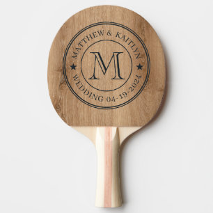 Light Teak Wood Wedding Monogram Star Ping Pong Paddle