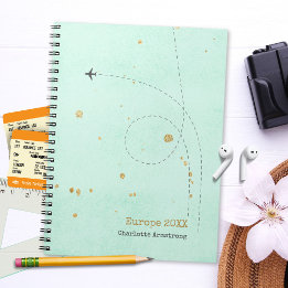 Light Teal Airplane Your Name Gold Travel Notebook