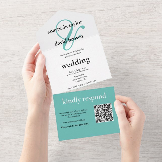 Light Teal Ampersand QR Code   All In One Invitation (Tearaway)