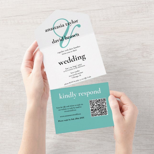 Light Teal Ampersand QR Code   All In One Invitation (Tearaway)