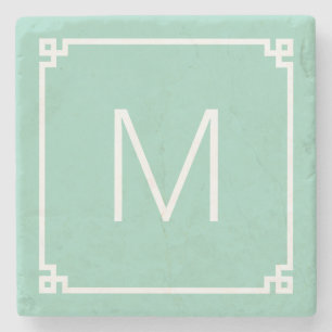 Light Teal and White Greek Key Border Monogram Stone Coaster