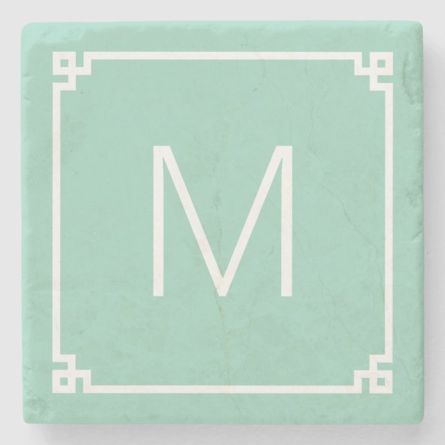 Light Teal and White Greek Key Border Monogram Stone Coaster (Front)