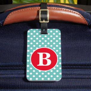 Light Teal and White Polka Dot with Red Monogram Luggage Tag
