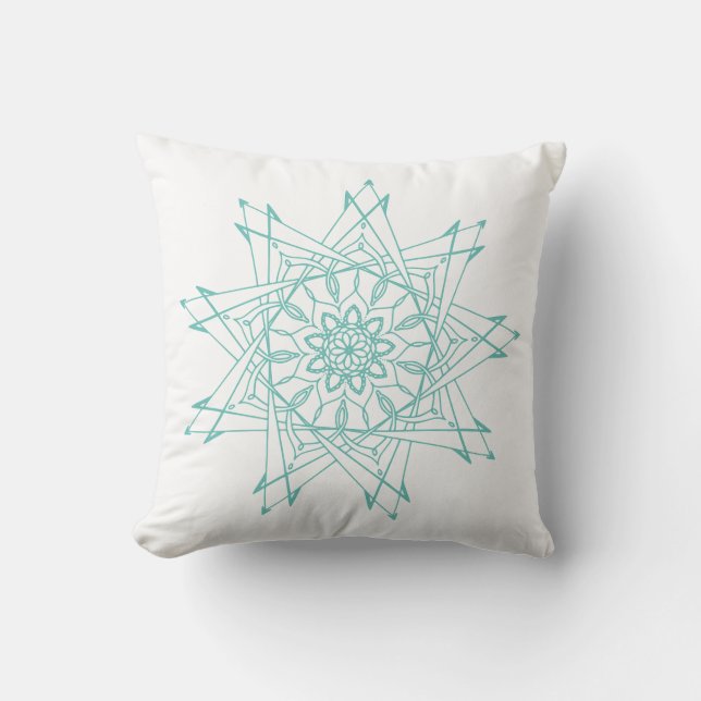Light Teal and White Sharp Mandala Throw Pillow (Front)