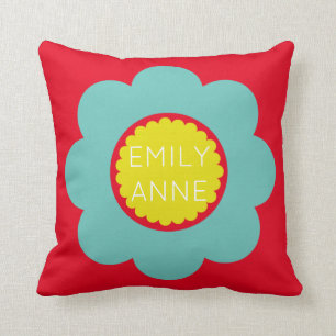 Light Teal and Yellow Flower on Bright Red Throw Pillow