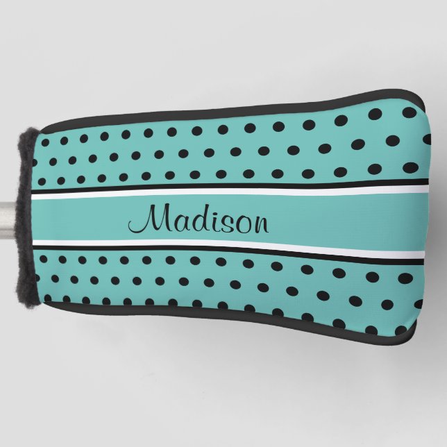 Light Teal Black Polka Dot Stripe Script Name Golf Head Cover (Front)