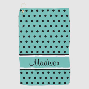 Light Teal Black Polka Dot Stripe Script Name Golf Towel