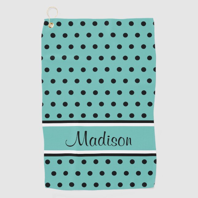 Light Teal Black Polka Dot Stripe Script Name Golf Towel (Front)