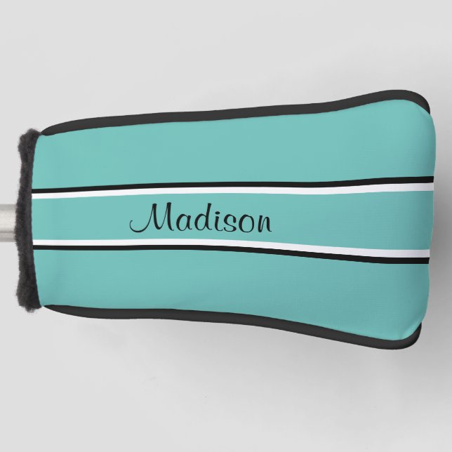 Light Teal Black Stripe Script Name Monogram Golf Head Cover (Front)