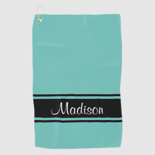 Light Teal Black Stripes Script Name Golf Towel