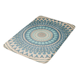 Light Teal Blue Beige Mandala Bath Mat