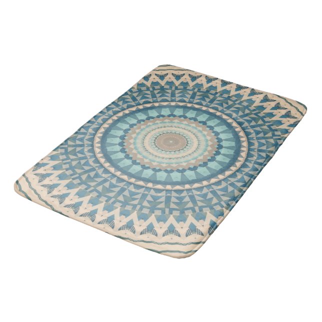 Light Teal Blue Beige Mandala   Bath Mat (Angled)