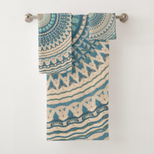 Light Teal Blue Beige Mandala Bath Towel Set
