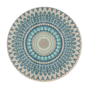 Light Teal Blue Beige Mandala Cutting Board