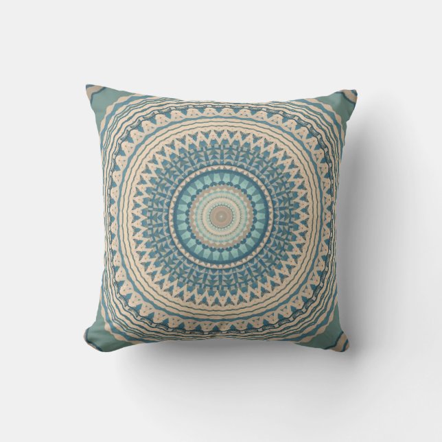 Light Teal Blue Beige Mandala Throw Pillow (Front)