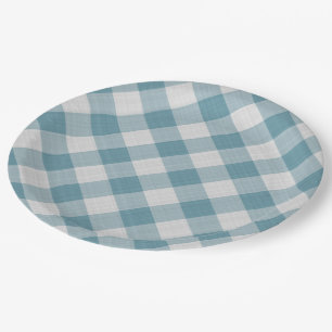 Light Teal Blue Country Cottage Gingham Stripes Paper Plate